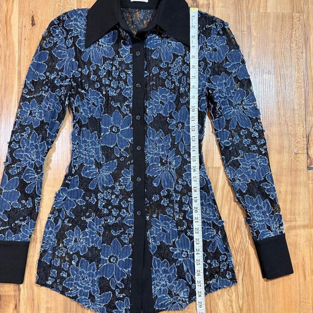 Revolve Aaizel Denim Lace Floral Burnout Sheer Collared Shirt Size 8 - Picture 5 of 10